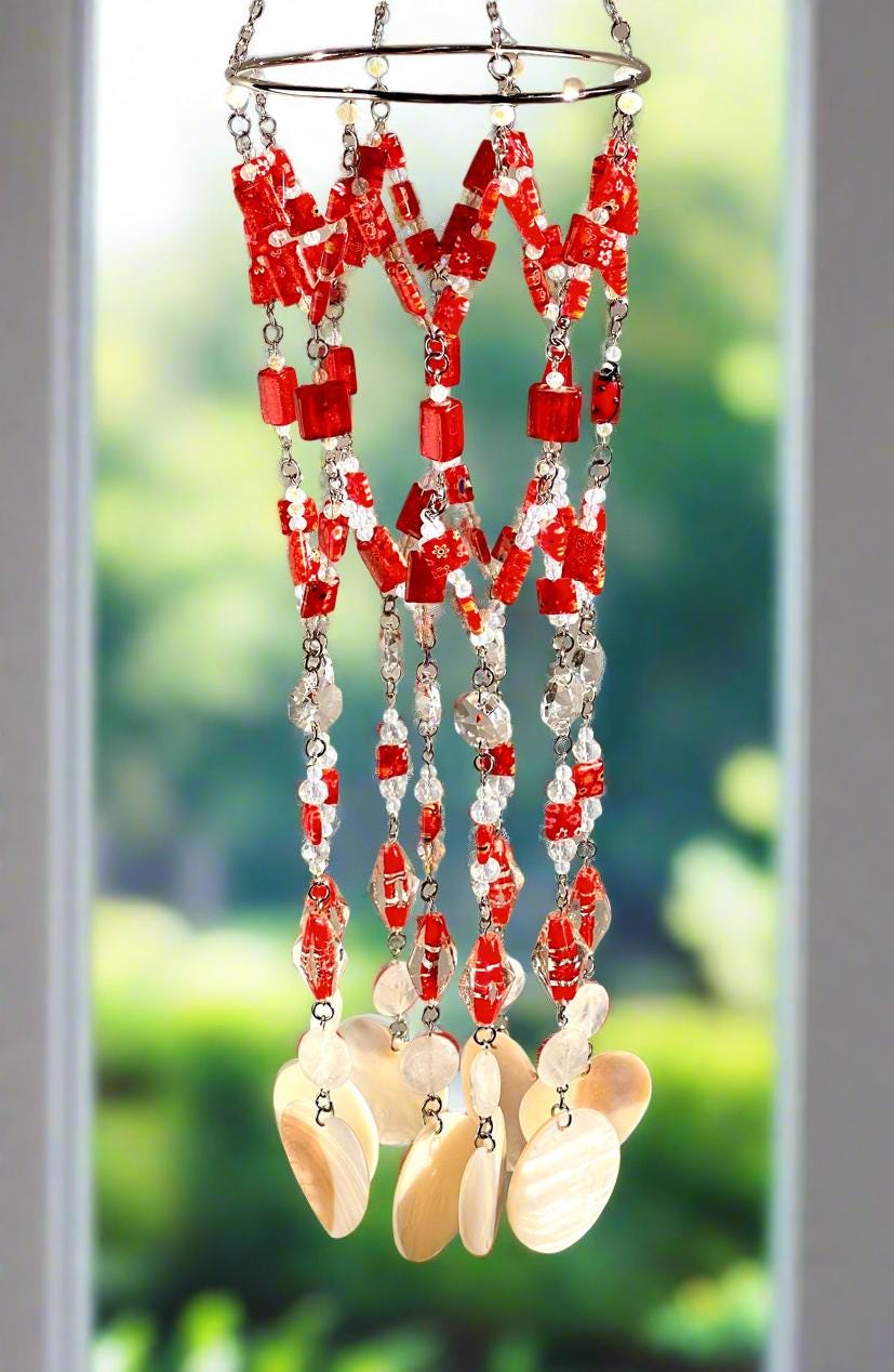 Red Crystal & Seashell Suncatcher with Clear Quartz