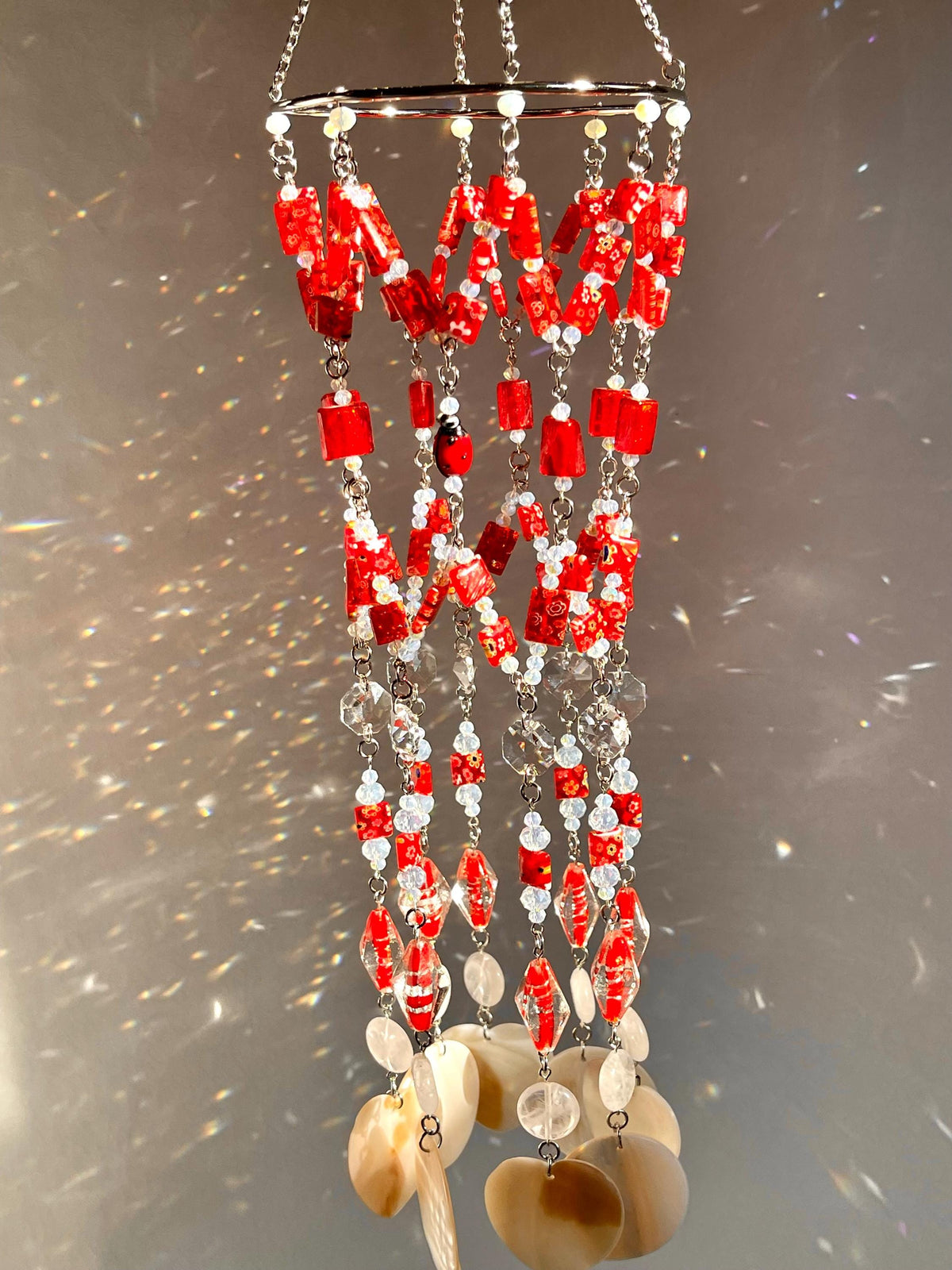 Red Crystal & Seashell Suncatcher with Clear Quartz