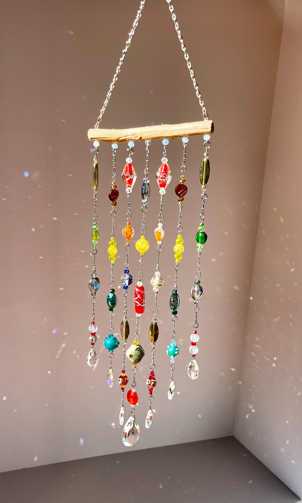 Colorful Driftwood Suncatcher with Crystal Drops