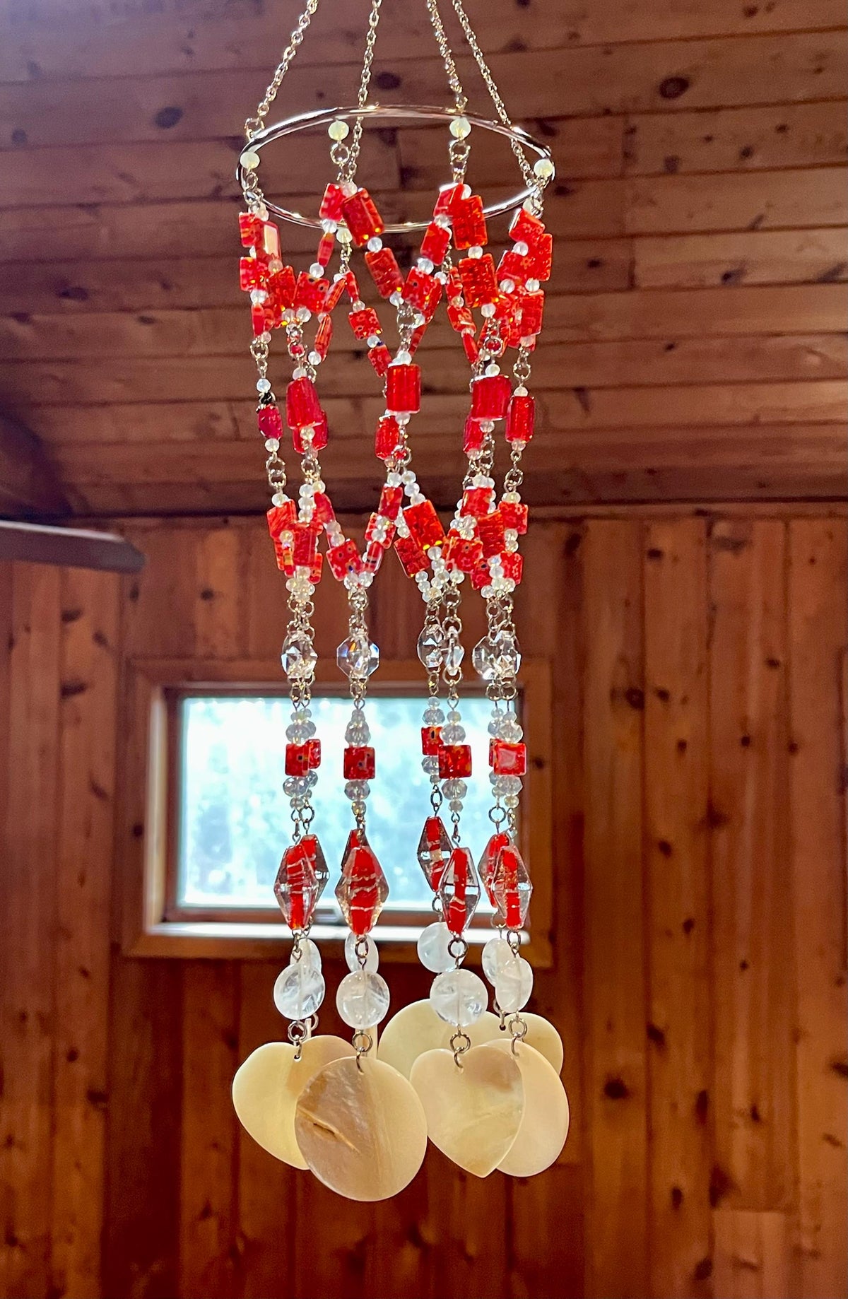 Red Crystal & Seashell Suncatcher with Clear Quartz