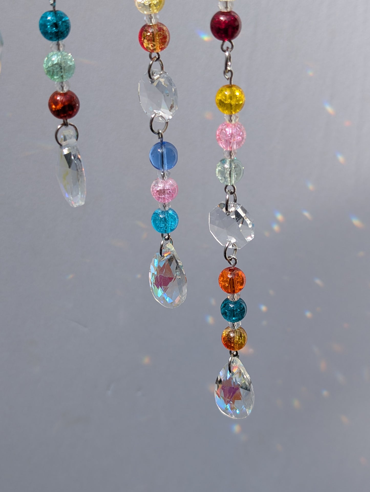 Rainbow Crackle Glass Suncatcher Mobile – Handmade Boho Window Hanging