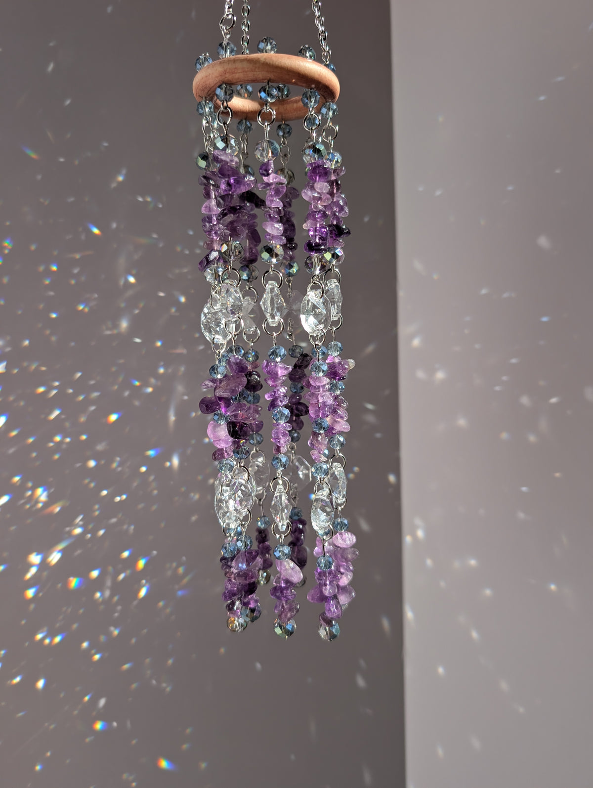 Natural Amethyst Crystal Suncatcher Mobile with Rainbow Prisms