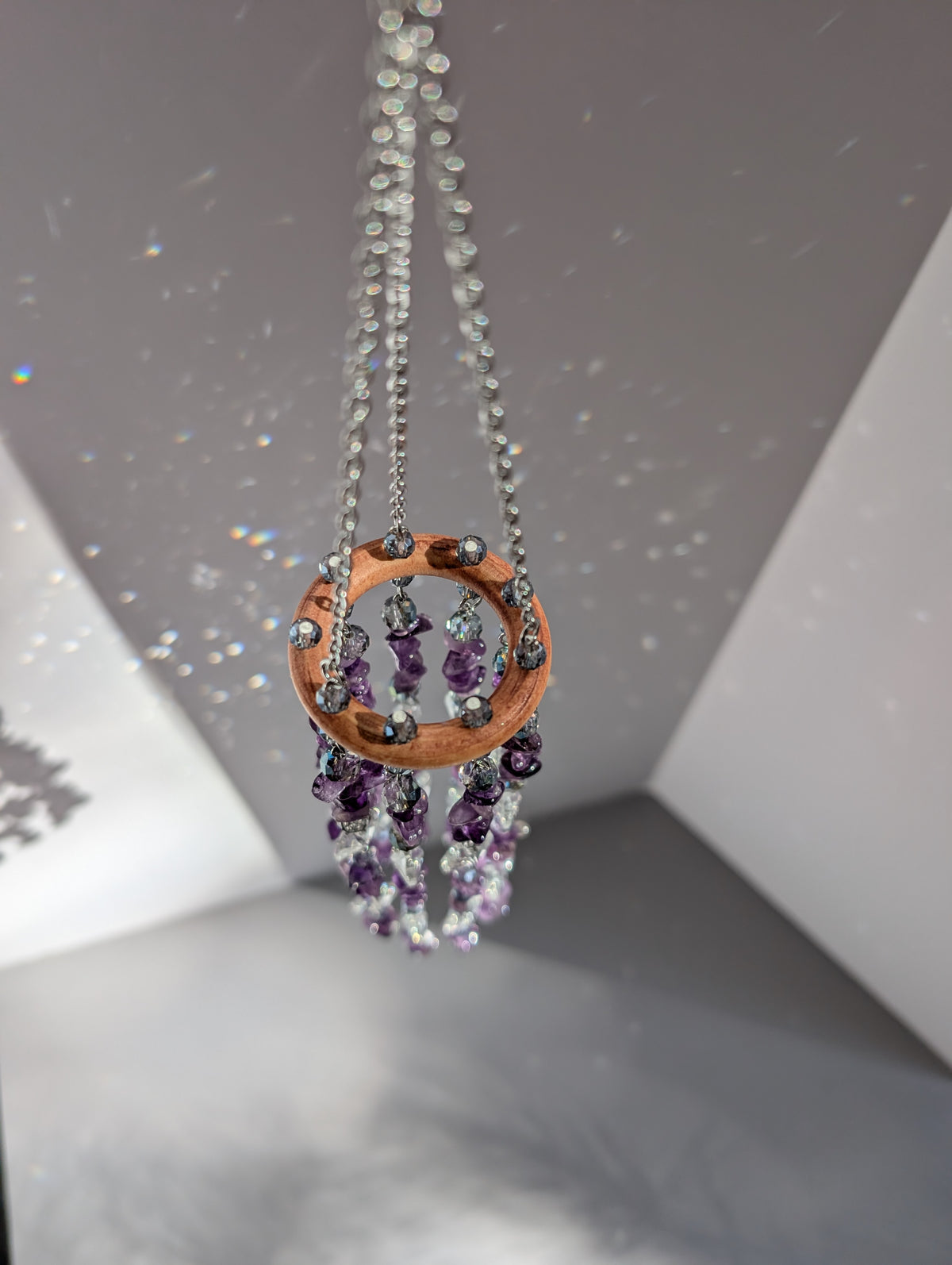 Natural Amethyst Crystal Suncatcher Mobile with Rainbow Prisms