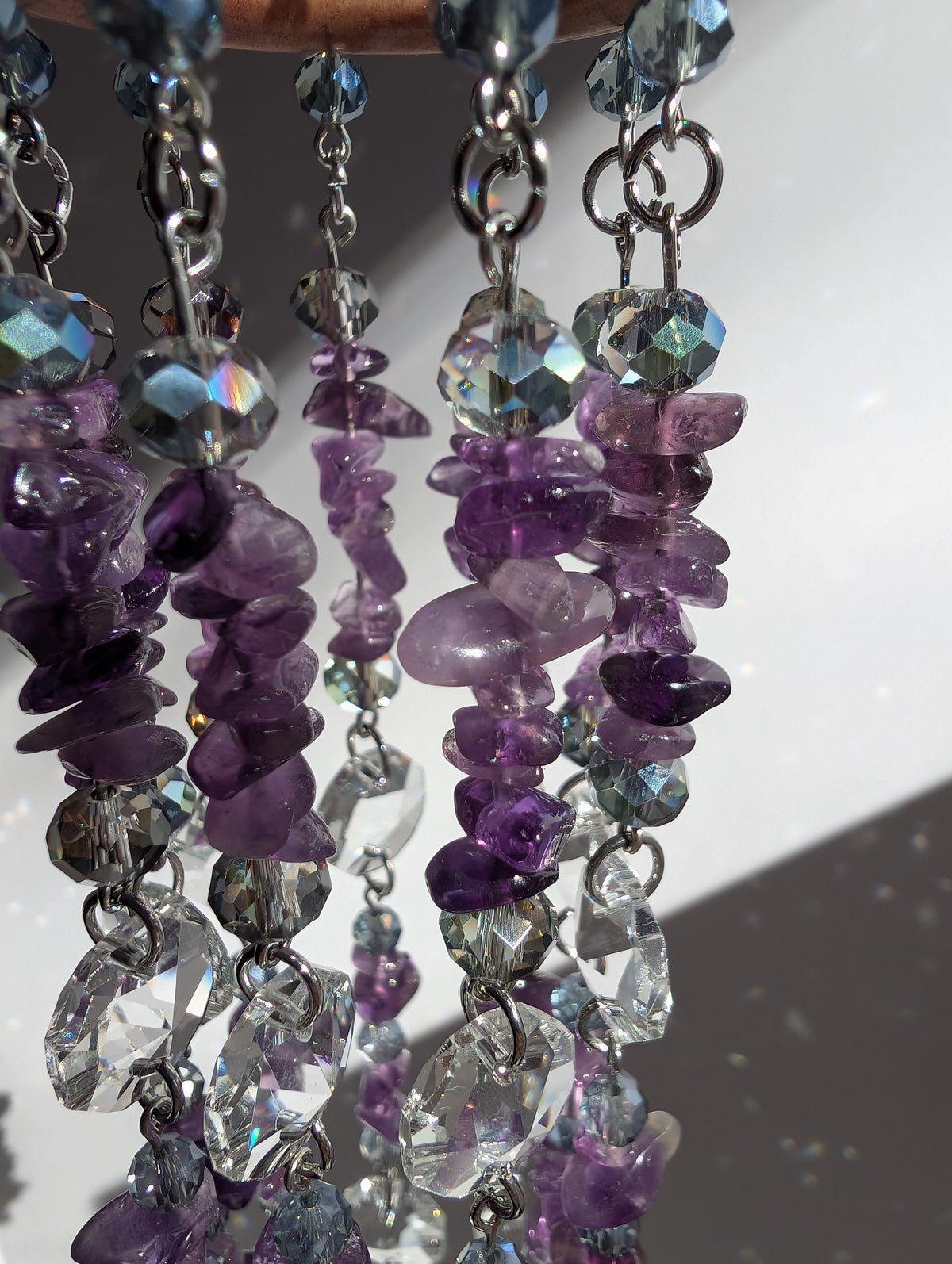 Natural Amethyst Crystal Suncatcher Mobile with Rainbow Prisms