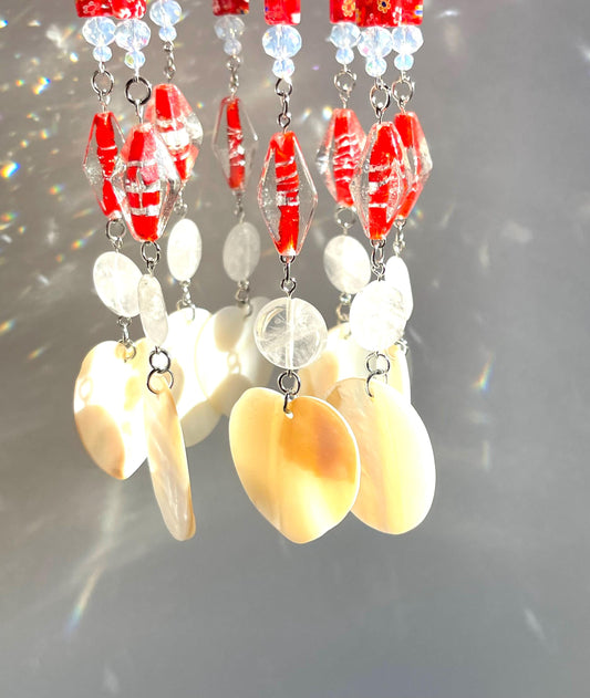 Red Crystal & Seashell Suncatcher with Clear Quartz