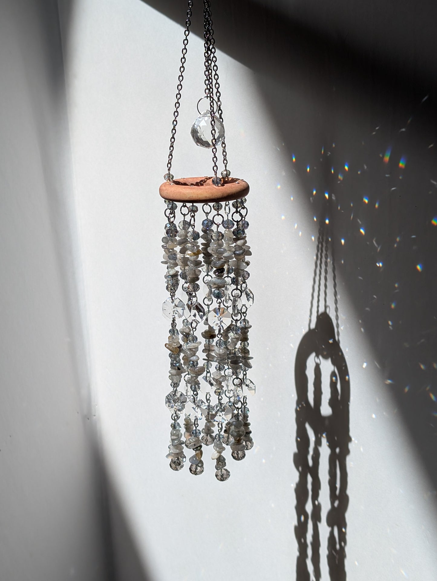 Labradorite Crystal Suncatcher Mobile, Handmade Boho Window Decor, Rainbow Maker Prism Gift