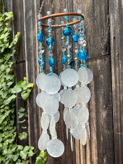 Aqua glass bead and sea shell wind chime