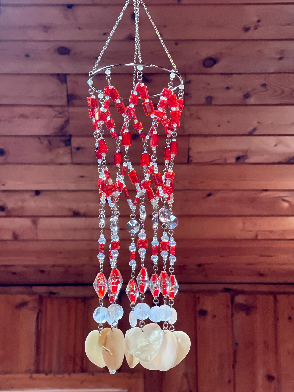 Red Crystal & Seashell Suncatcher with Clear Quartz