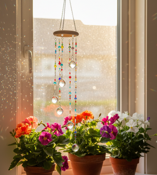 Close-up of cascade-style crystal sun catcher with six strands of multicolor glass crystals and clear prism drops