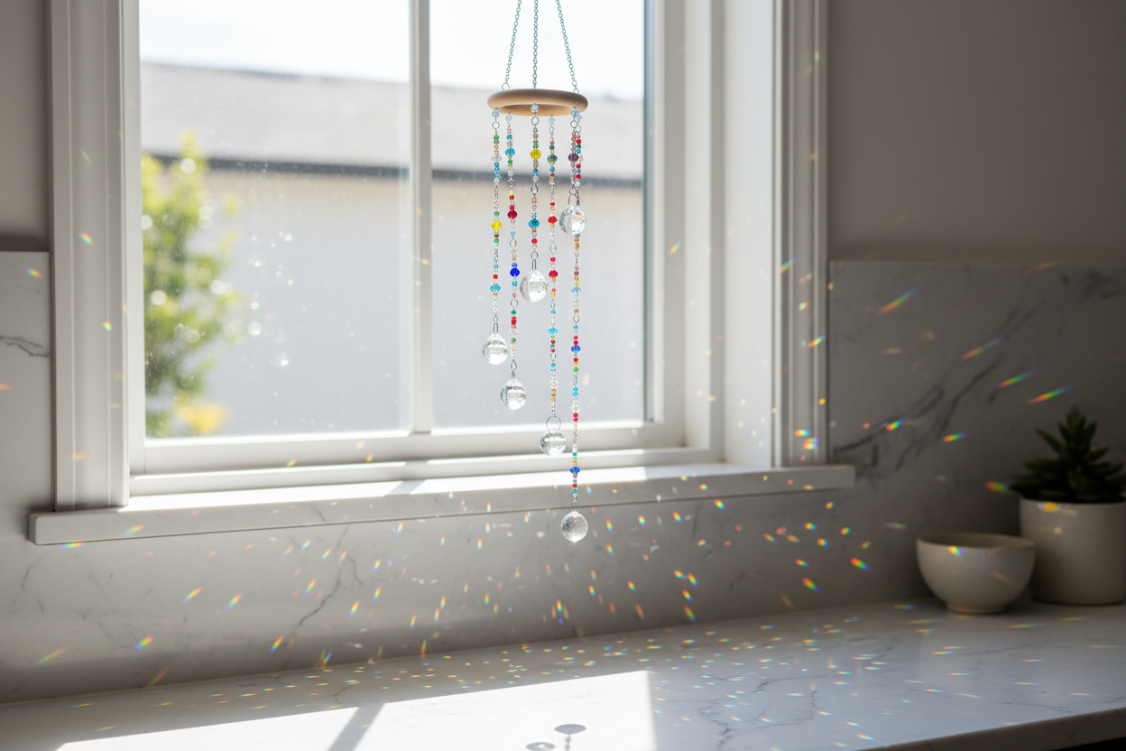 Mother-daughter handmade crystal sun catcher with wooden ring and colorful glass beads