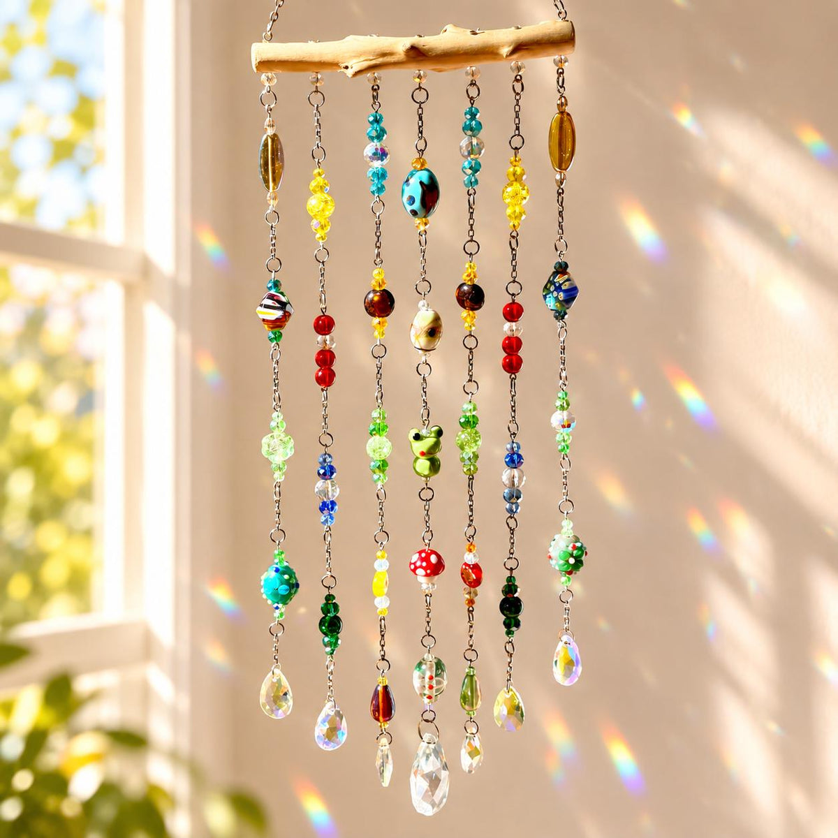 Handmade window suncatcher with colorful glass beads, faceted crystal prisms, and decorative frog and mushroom accents.
