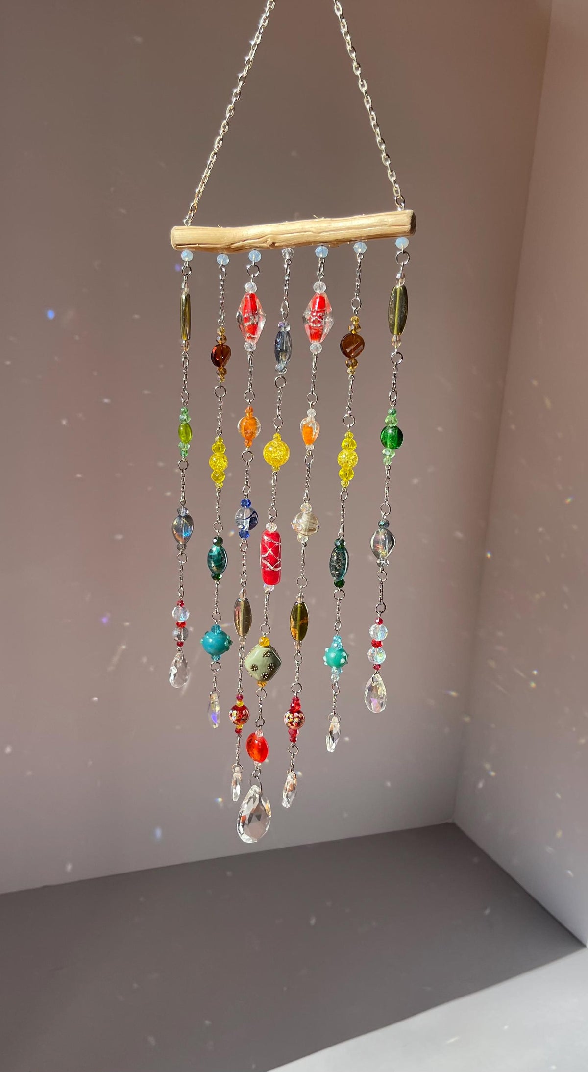 Colorful Driftwood Suncatcher with Crystal Drops