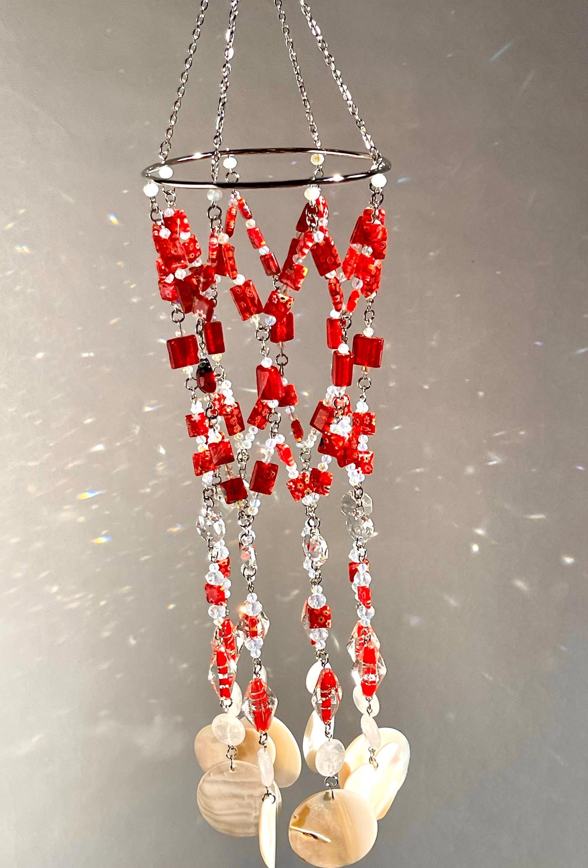 Red Crystal & Seashell Suncatcher with Clear Quartz
