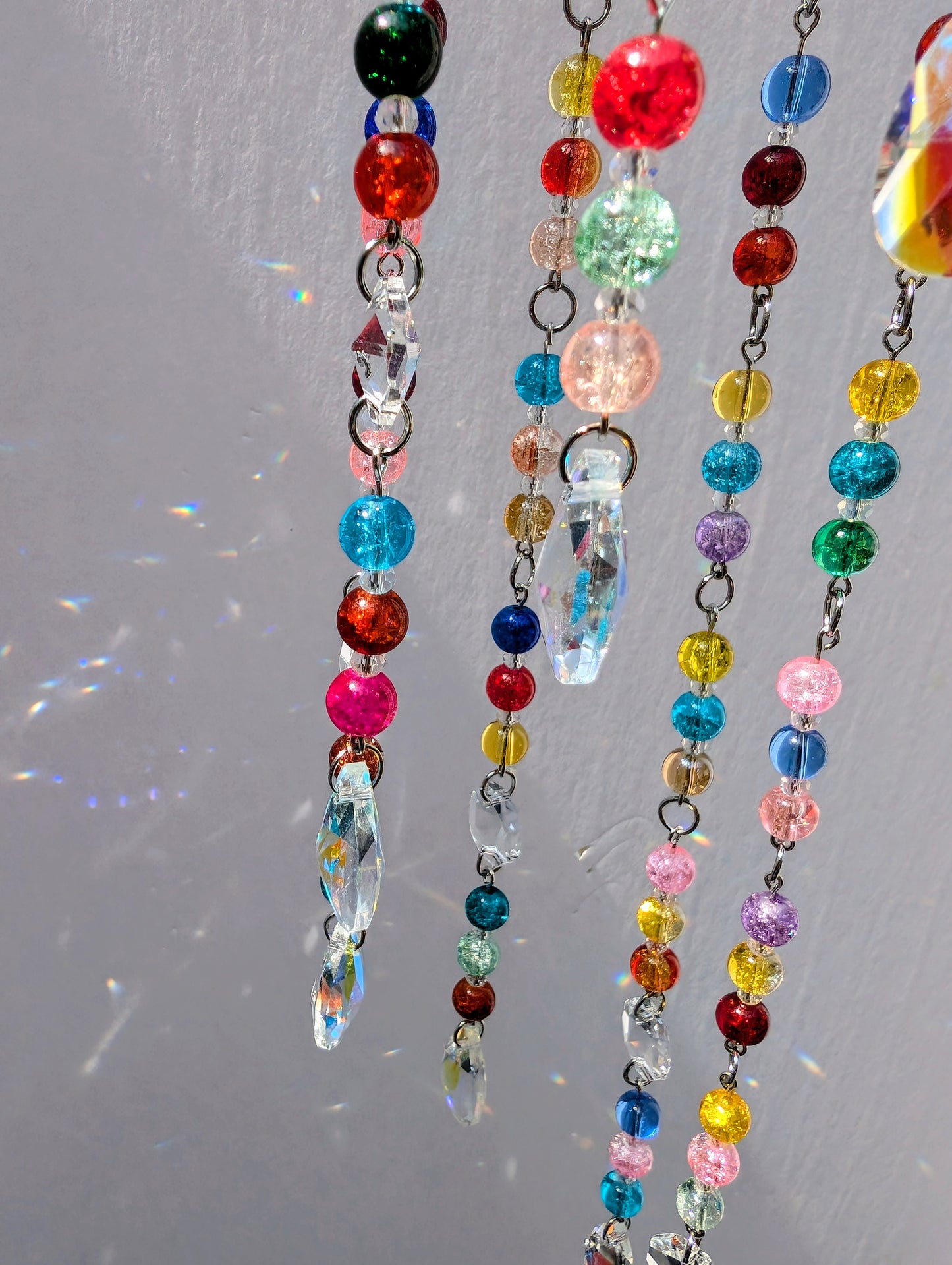 Rainbow Crackle Glass Suncatcher Mobile – Handmade Boho Window Hanging