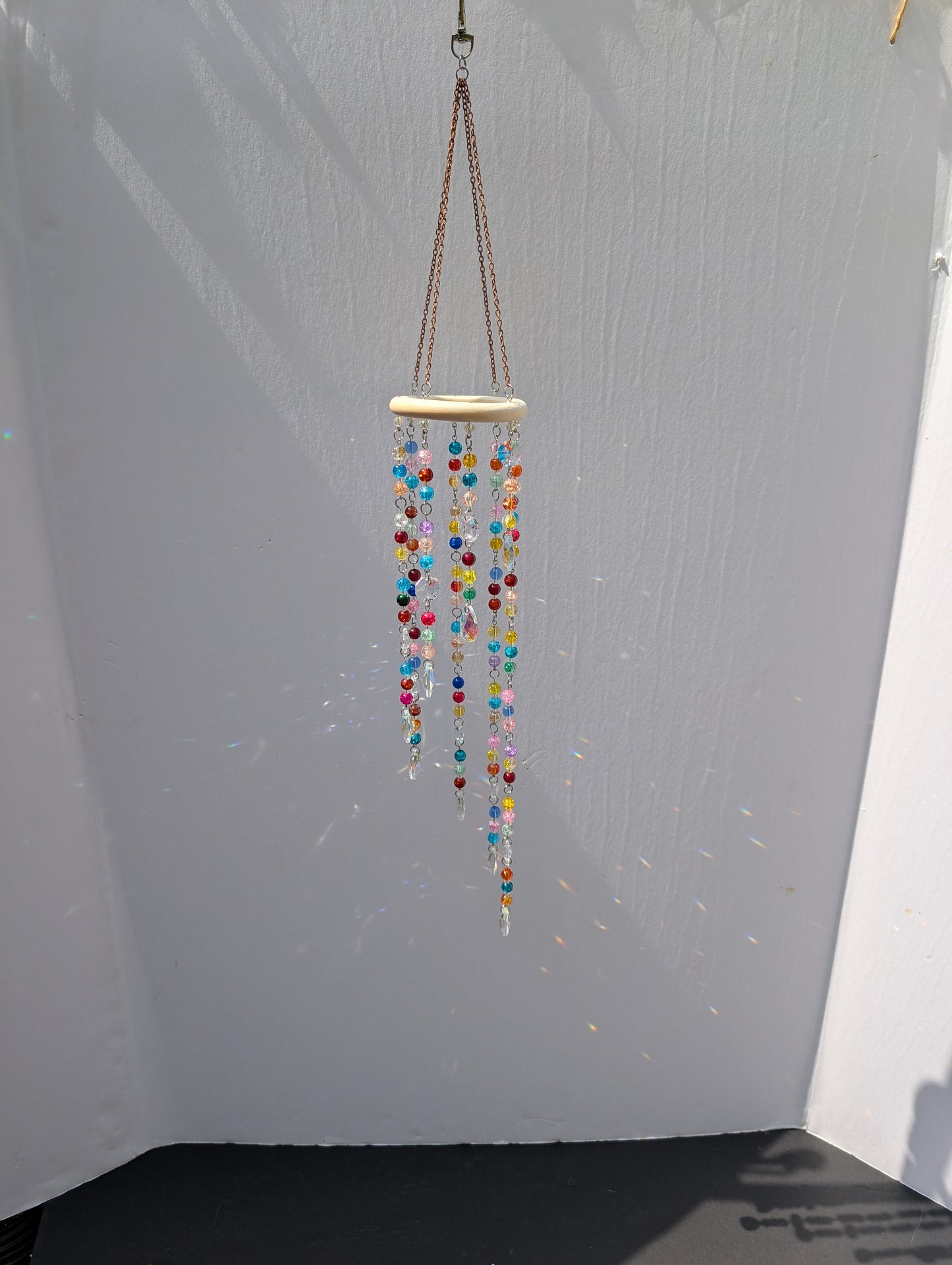 Rainbow Crackle Glass Suncatcher Mobile – Handmade Boho Window Hanging