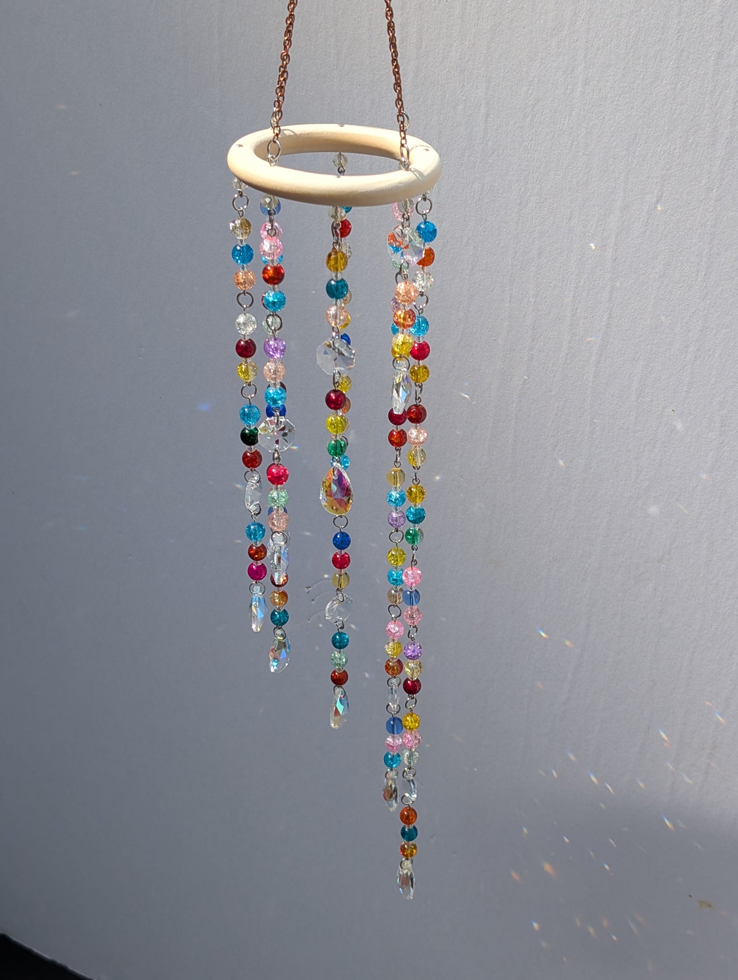 Rainbow Crackle Glass Suncatcher Mobile – Handmade Boho Window Hanging
