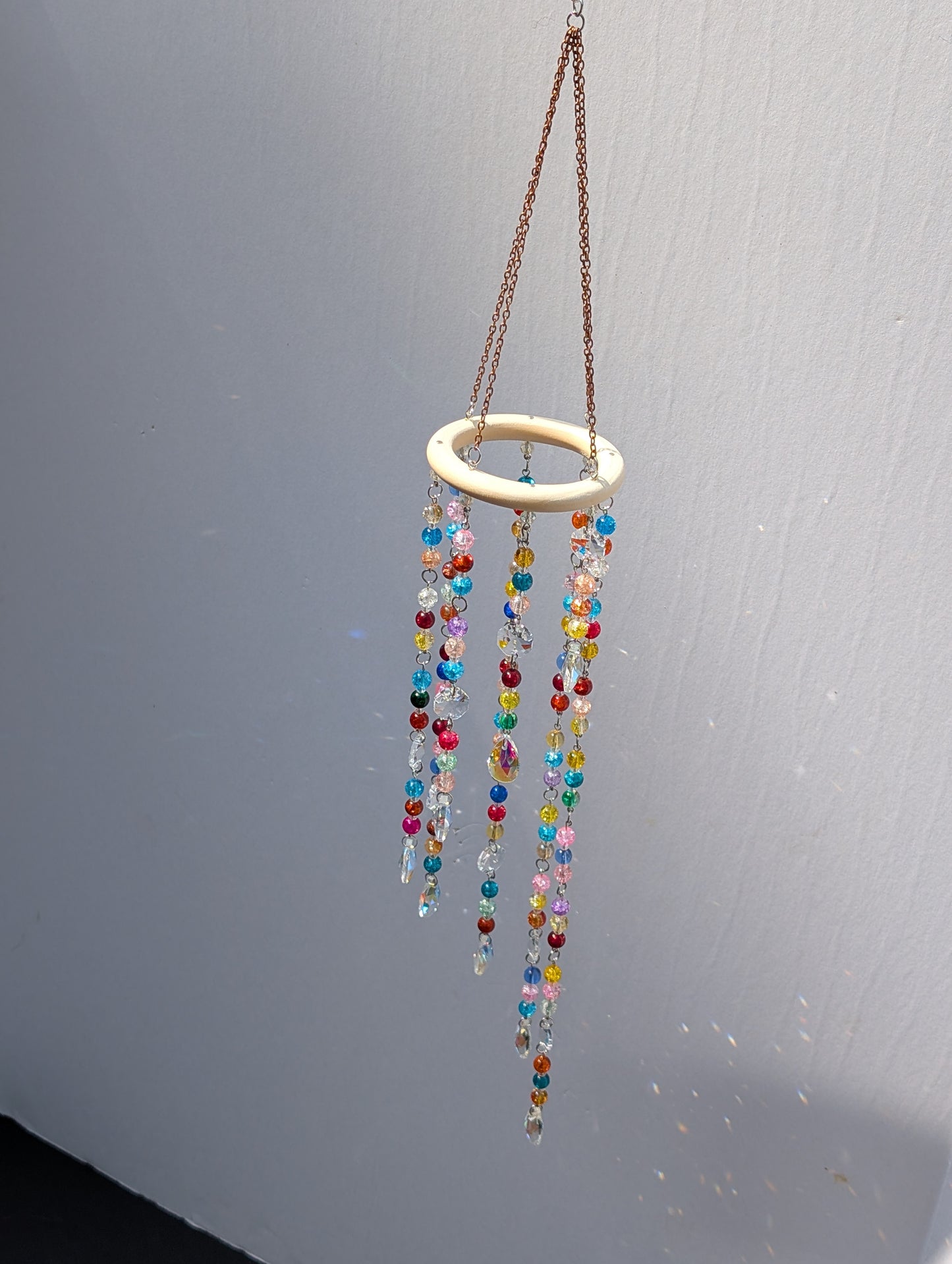 Rainbow Crackle Glass Suncatcher Mobile – Handmade Boho Window Hanging