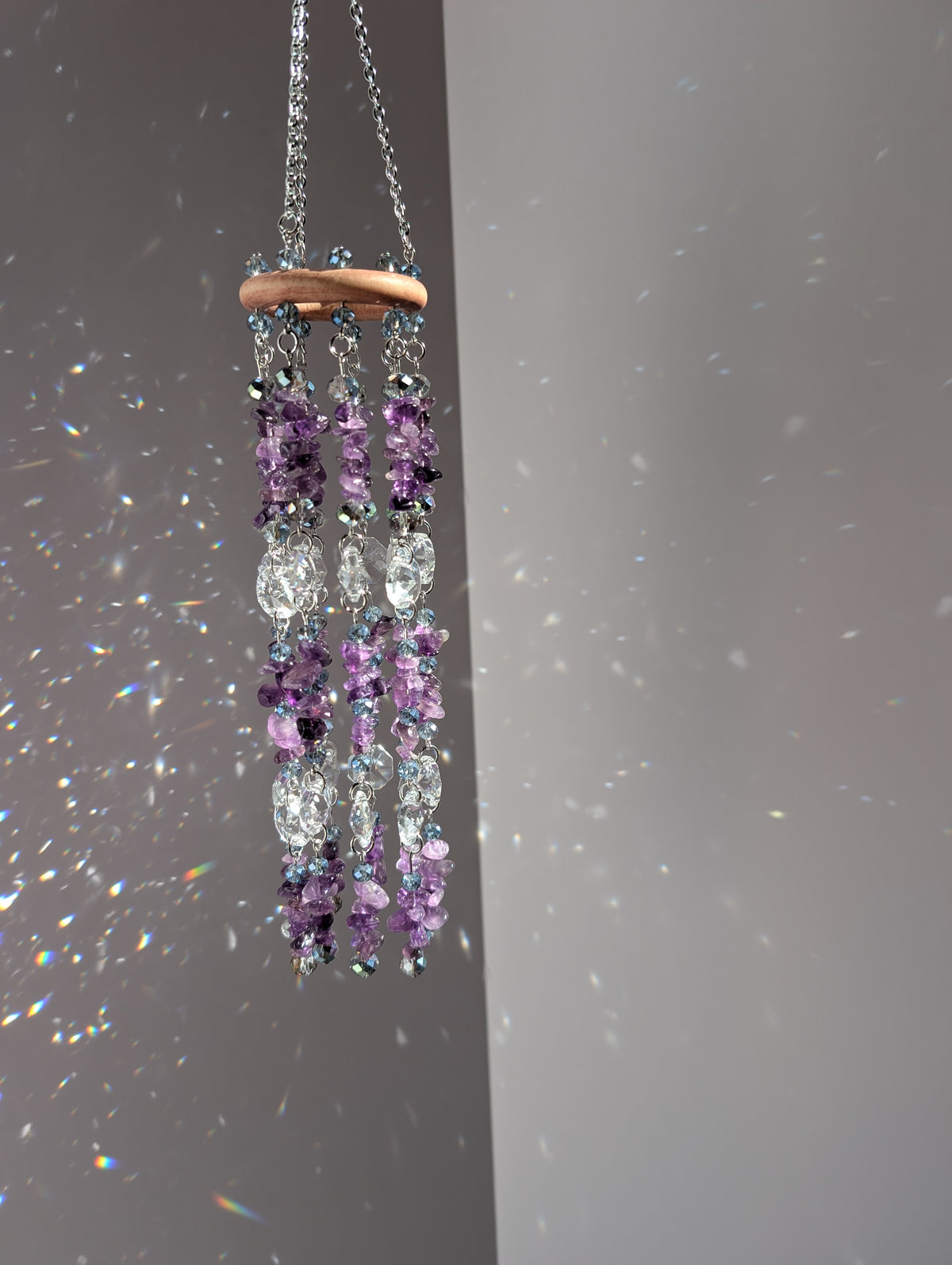 Natural Amethyst Crystal Suncatcher Mobile with Rainbow Prisms