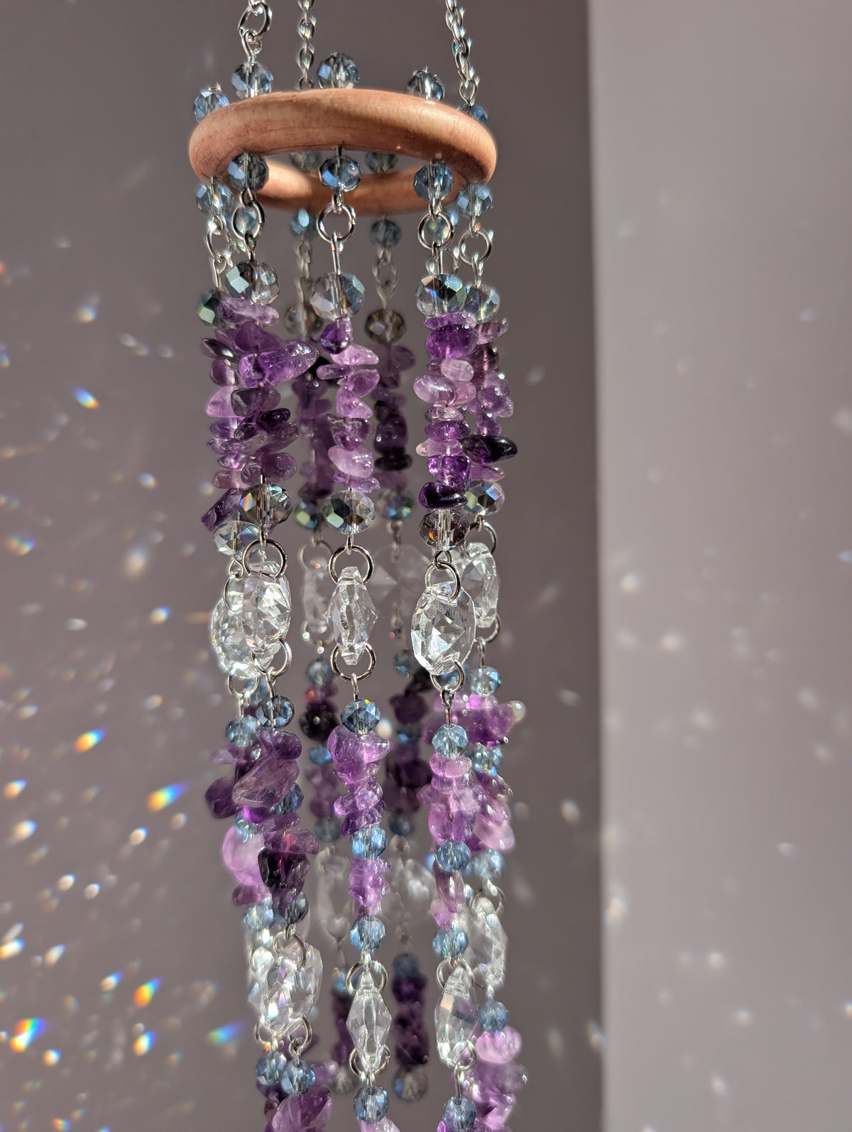 Natural Amethyst Crystal Suncatcher Mobile with Rainbow Prisms