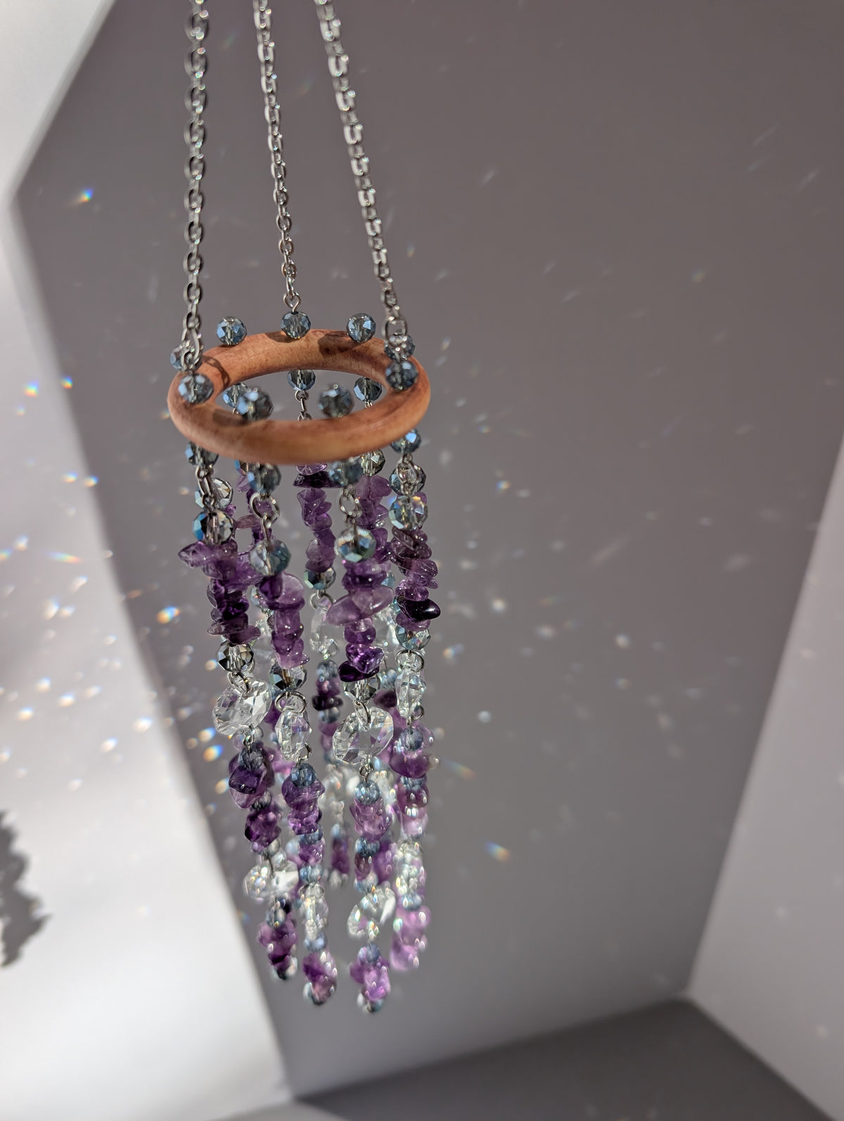 Natural Amethyst Crystal Suncatcher Mobile with Rainbow Prisms