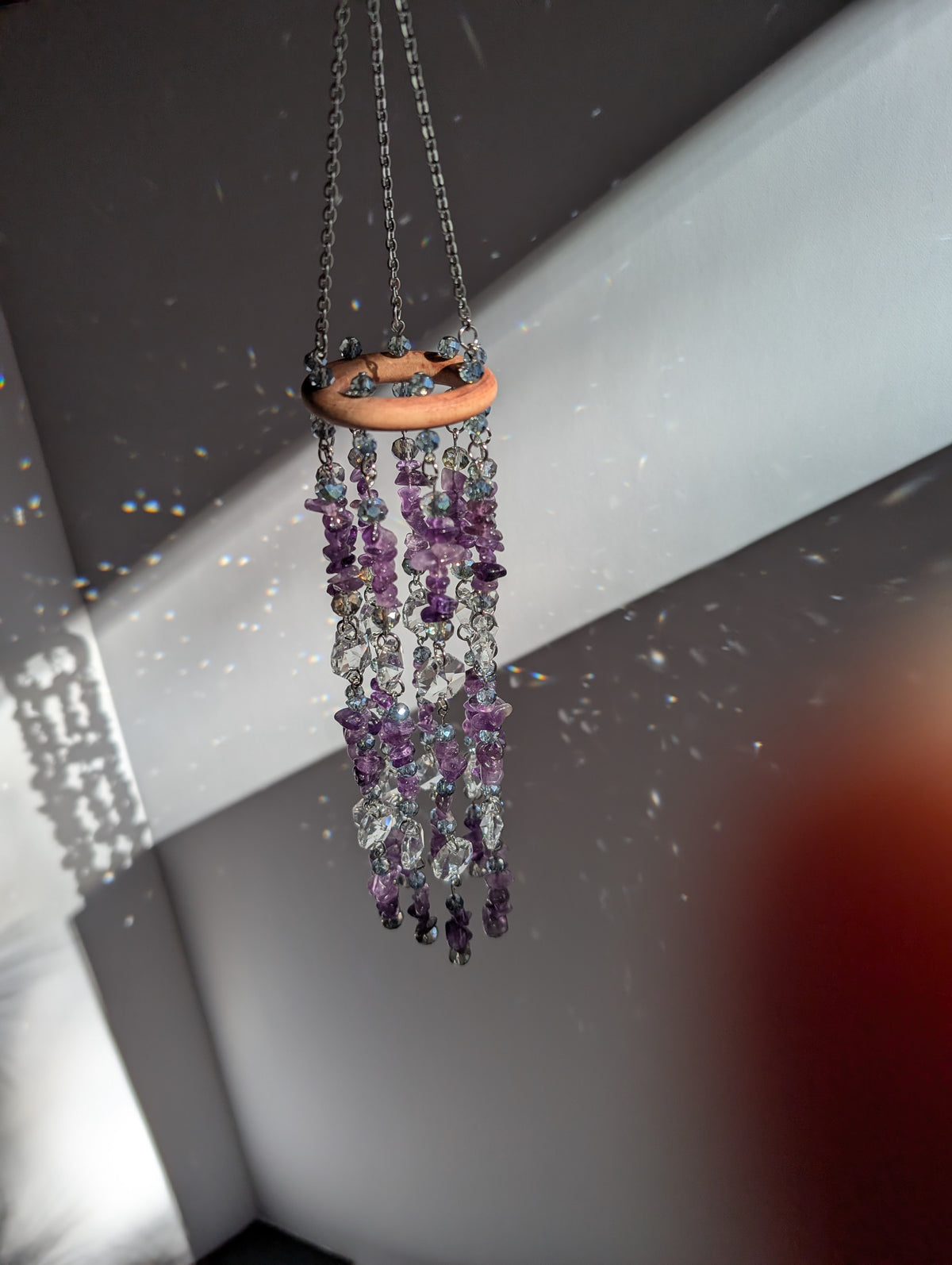 Natural Amethyst Crystal Suncatcher Mobile with Rainbow Prisms