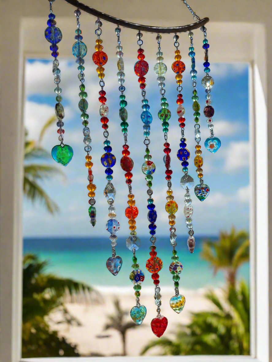 Rainbow window sun catcher handmade with colorful glass crystals and beads