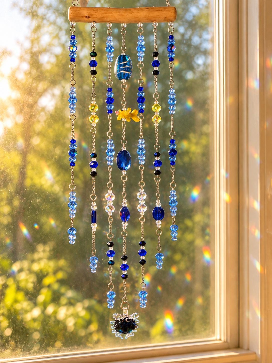Flat coastal suncatcher with blue and clear crystals, yellow accents, a yellow fish and blue crab hanging from a natural driftwood branch.