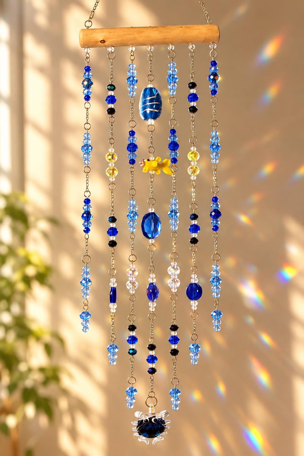 Blue Ocean Crystal Suncatcher with Driftwood, Fish & Crab