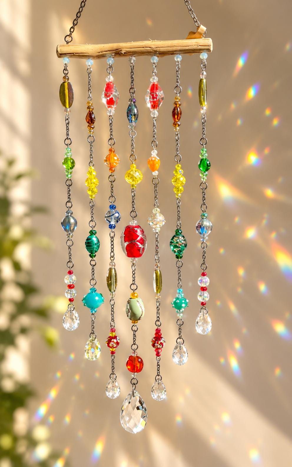 Driftwood window suncatcher with red, green, blue and golden-yellow glass beads, decorative metal chains and faceted crystal drops.