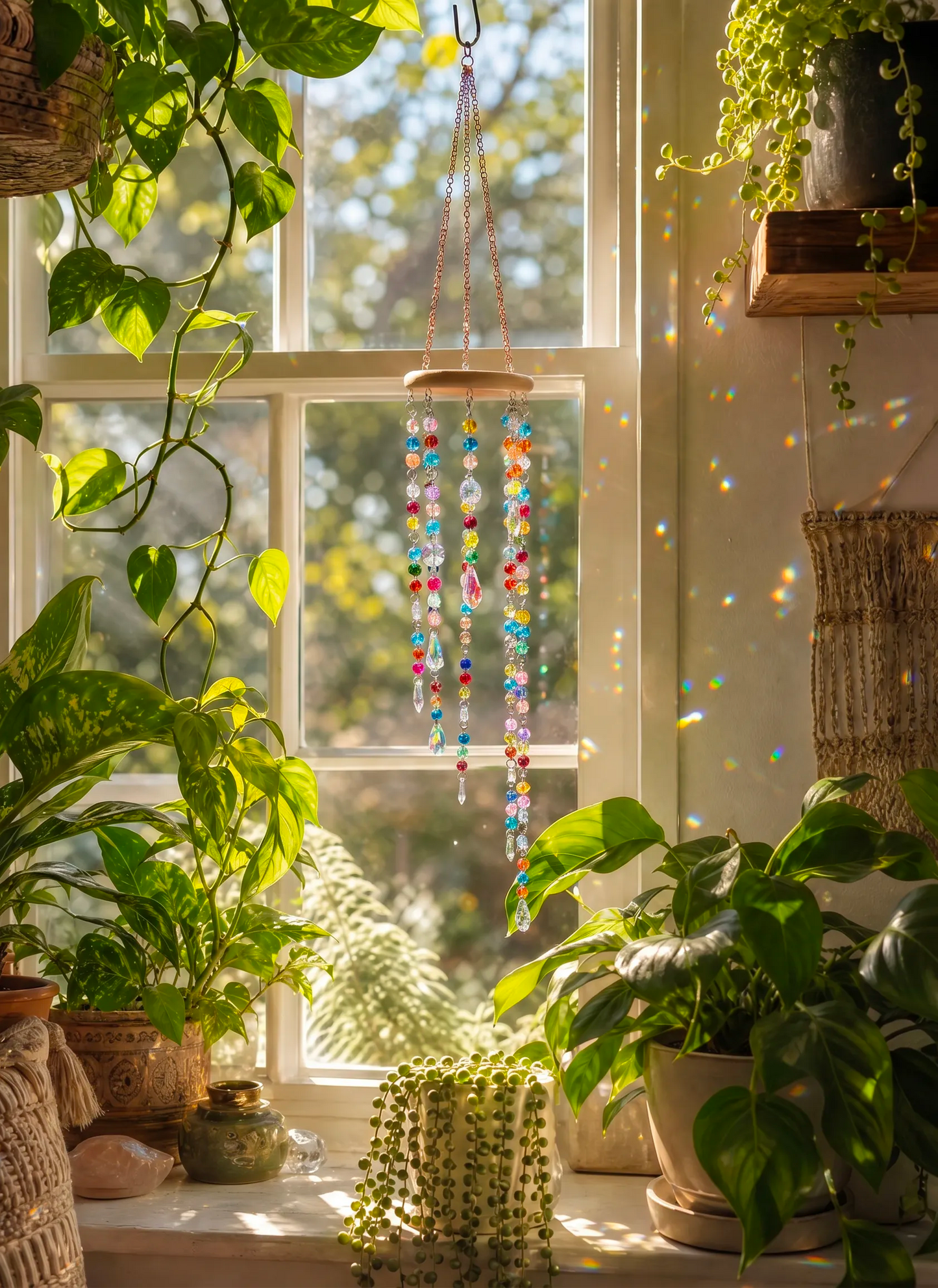 Rainbow Crackle Glass Suncatcher Mobile – Handmade Boho Window Hanging
