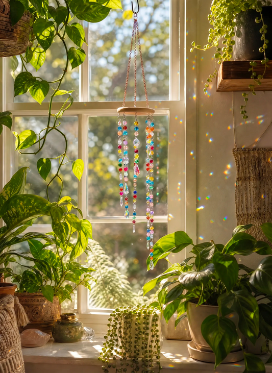 Rainbow Crackle Glass Suncatcher Mobile – Handmade Boho Window Hanging