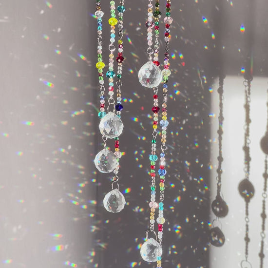 Handmade crystal rainbow maker prism cascade sun catcher with multicolor glass beads on wooden ring