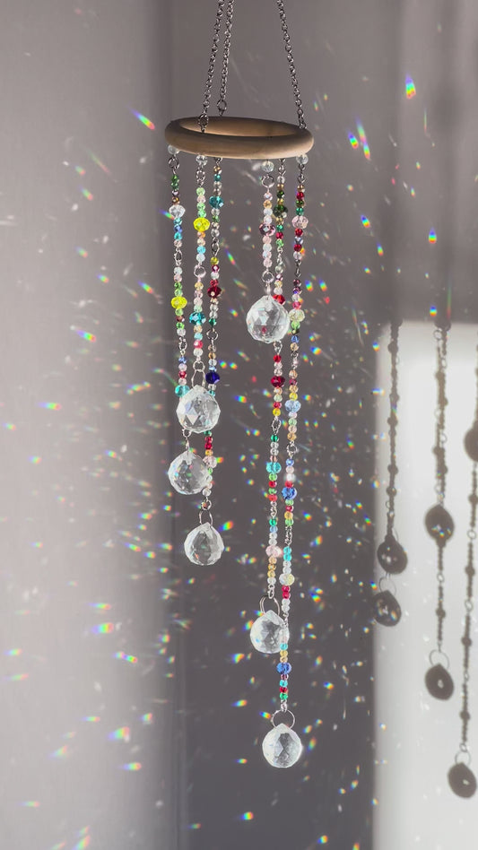 Handmade crystal rainbow maker prism cascade sun catcher with multicolor glass beads on wooden ring
