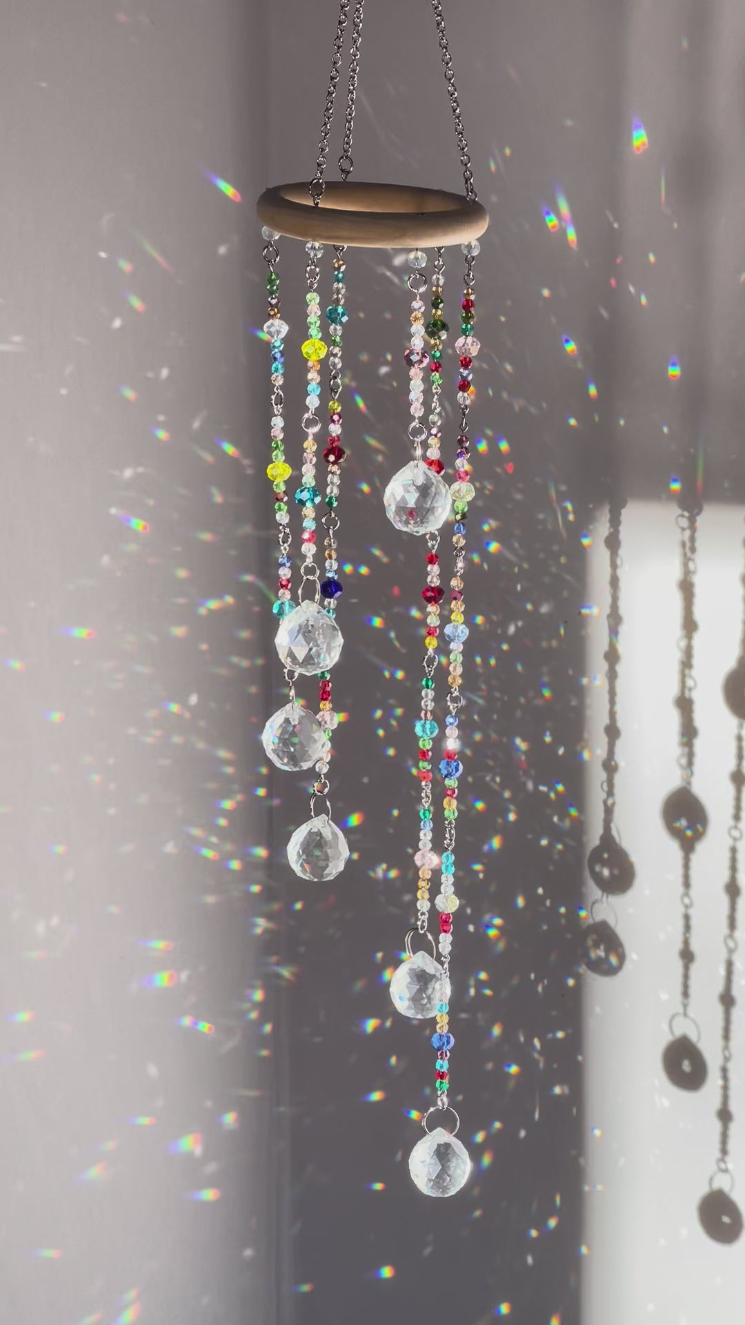 Handmade crystal rainbow maker prism cascade sun catcher with multicolor glass beads on wooden ring