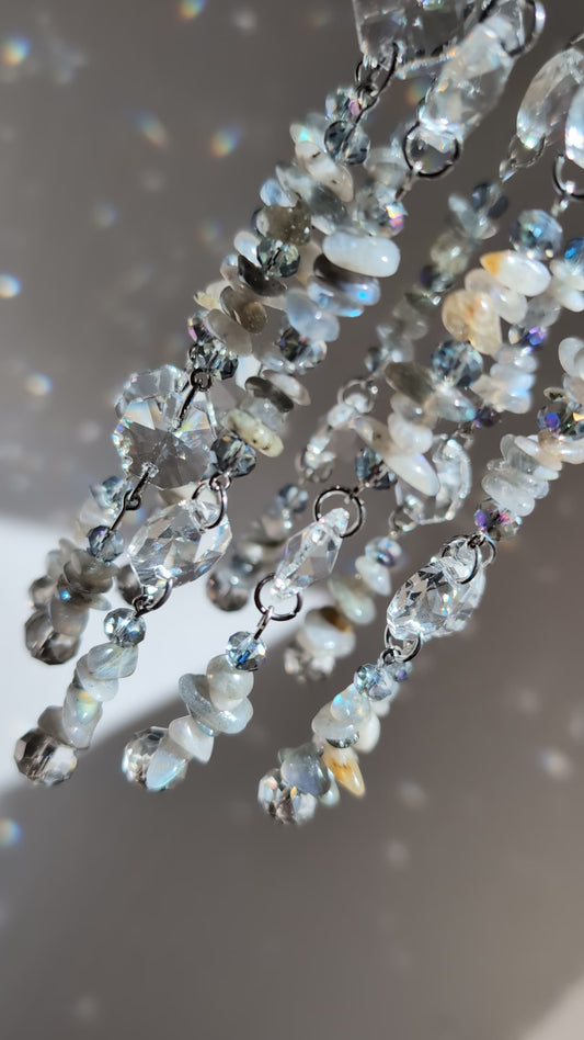 Labradorite Crystal Suncatcher Mobile, Handmade Boho Window Decor, Rainbow Maker Prism Gift
