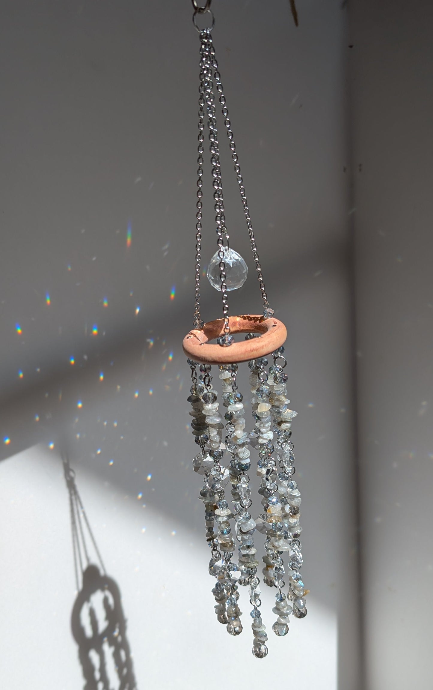 Labradorite Crystal Suncatcher Mobile, Handmade Boho Window Decor, Rainbow Maker Prism Gift