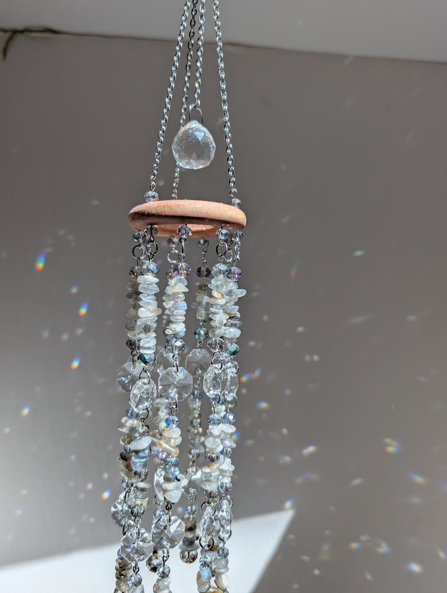 Labradorite Crystal Suncatcher Mobile, Handmade Boho Window Decor, Rainbow Maker Prism Gift