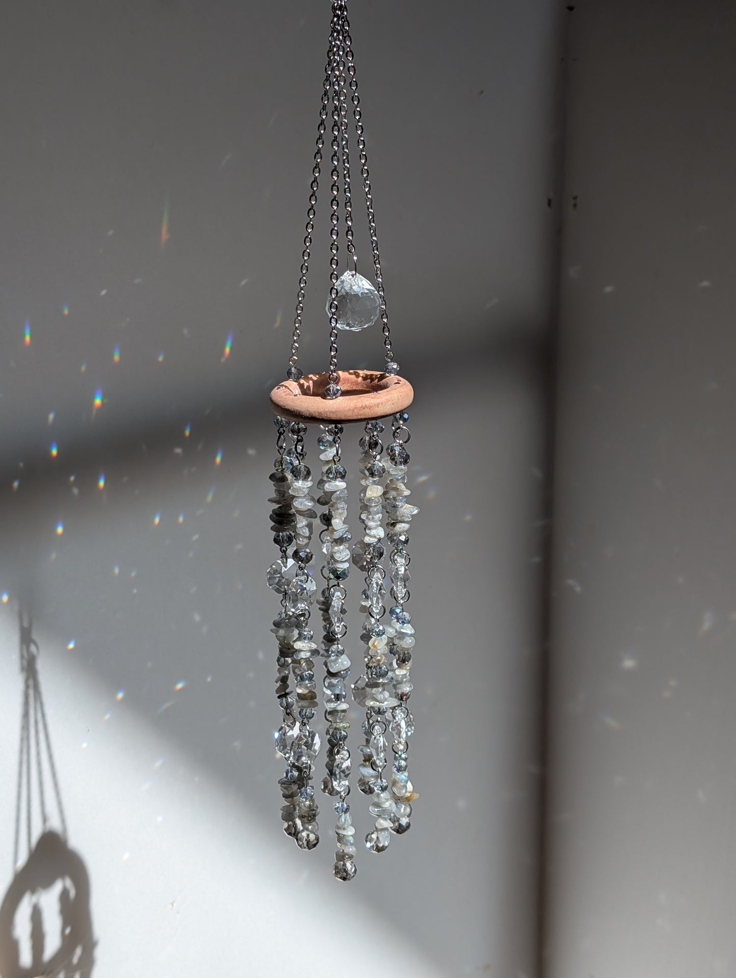 Labradorite Crystal Suncatcher Mobile, Handmade Boho Window Decor, Rainbow Maker Prism Gift
