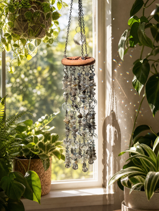 Labradorite Crystal Suncatcher Mobile, Handmade Boho Window Decor, Rainbow Maker Prism Gift