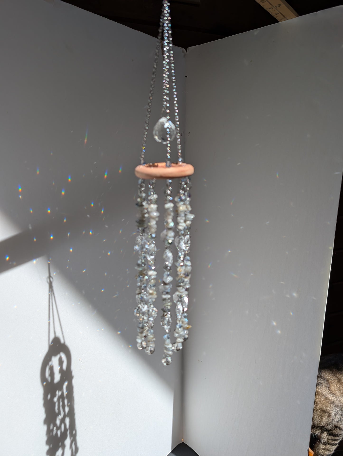 Labradorite Crystal Suncatcher Mobile, Handmade Boho Window Decor, Rainbow Maker Prism Gift