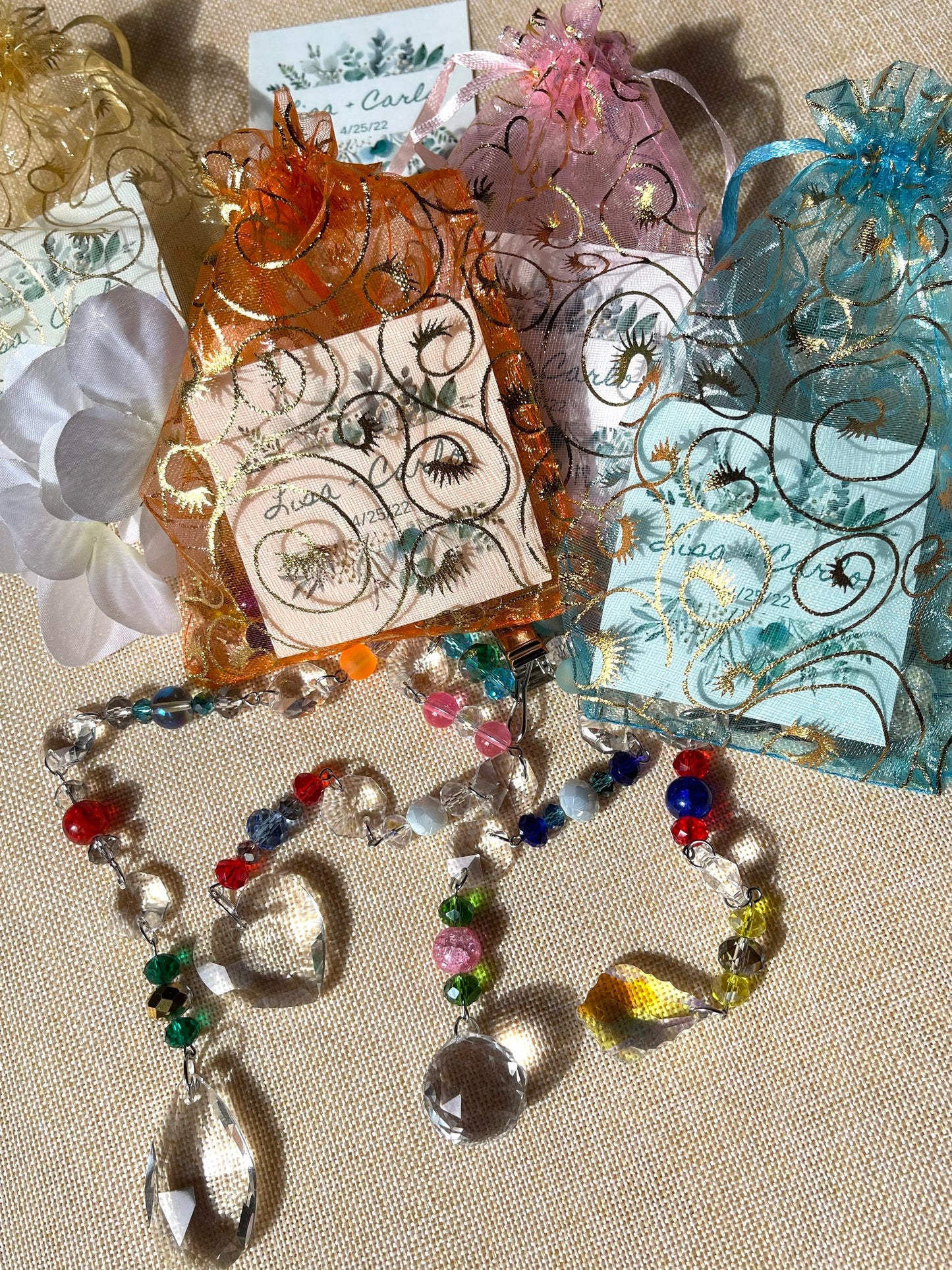 Custom wedding favors for guests in bulk. Unique wedding, party favors handmade, Small Light and SunCatchers in bulk. Custom wedding tags.